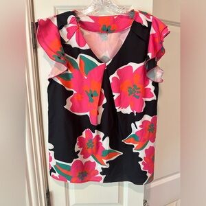 Pink Floral V-Neck Ruffled Sleeve Blouse